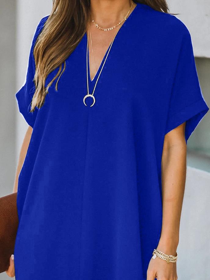 V neck Short Sleeve Solid Color Loose Dress