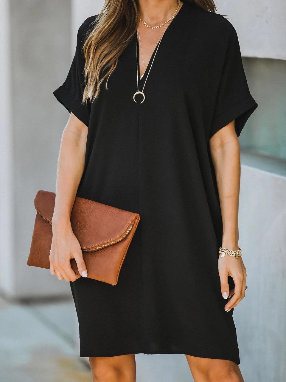 V neck Short Sleeve Solid Color Loose Dress