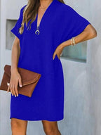 V neck Short Sleeve Solid Color Loose Dress