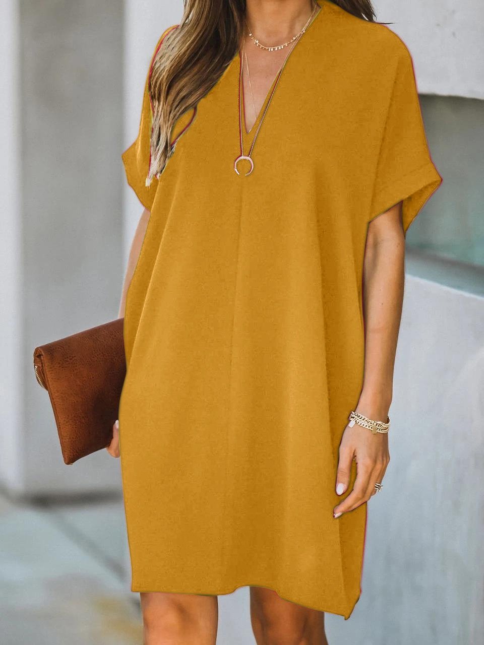 V neck Short Sleeve Solid Color Loose Dress