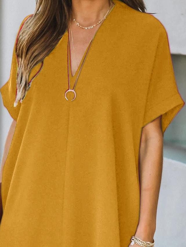 V neck Short Sleeve Solid Color Loose Dress
