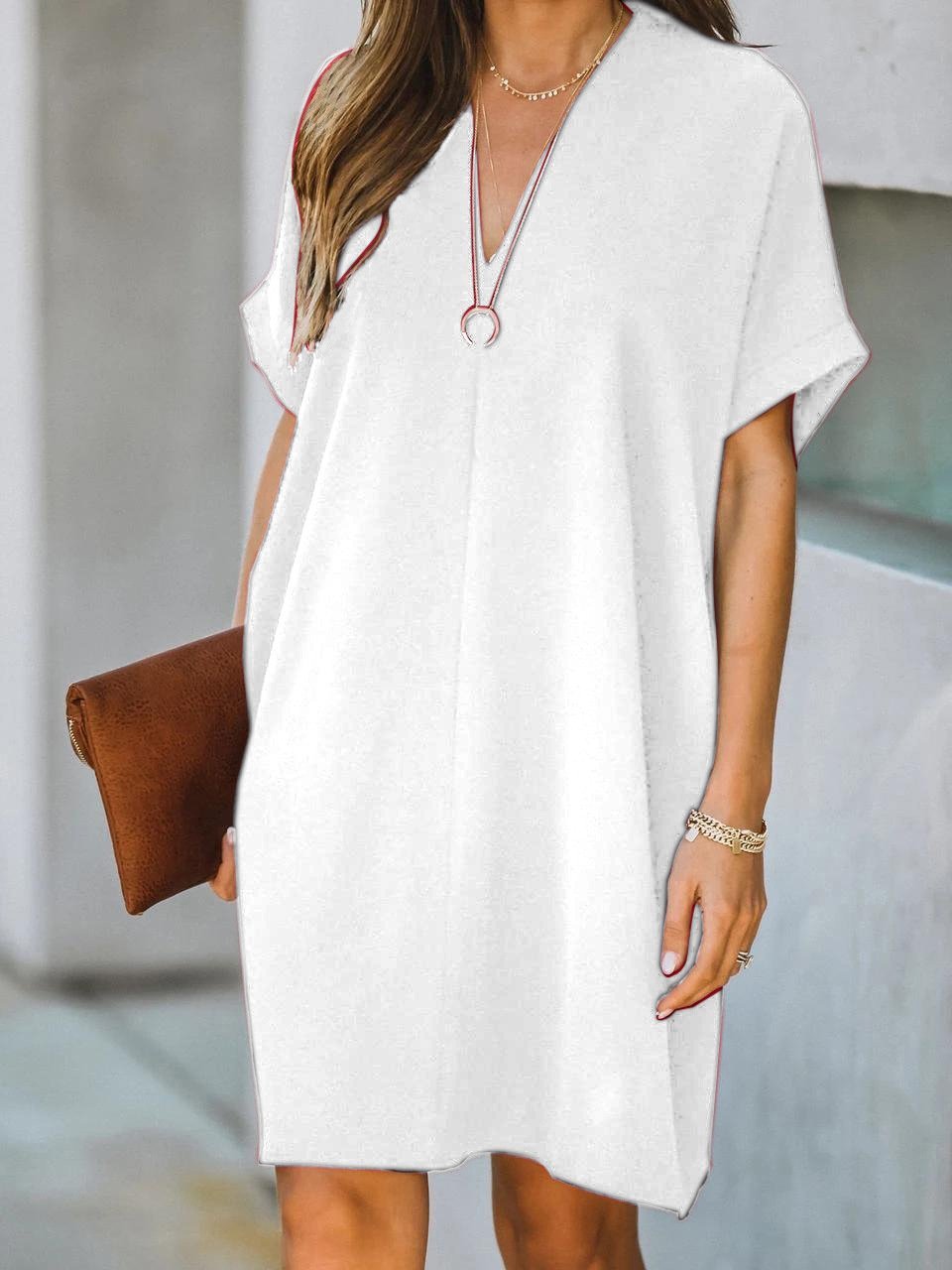 V neck Short Sleeve Solid Color Loose Dress