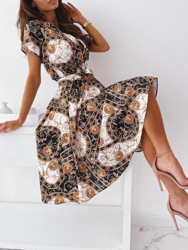 V neck Short sleeved Shirt Dress