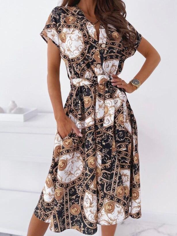 V neck Short sleeved Shirt Dress
