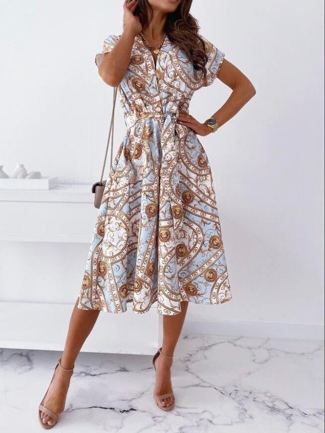 V neck Short sleeved Shirt Dress