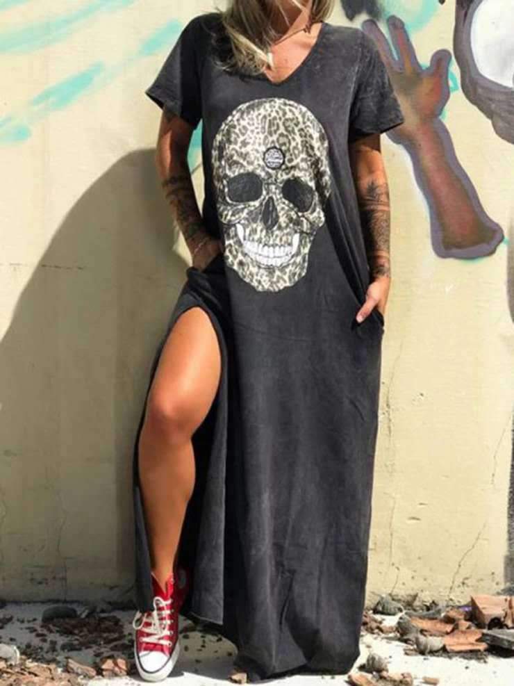 V neck Short sleeved Skull Print Slit T shirt Dress