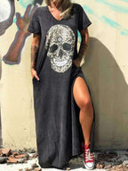 V neck Short sleeved Skull Print Slit T shirt Dress
