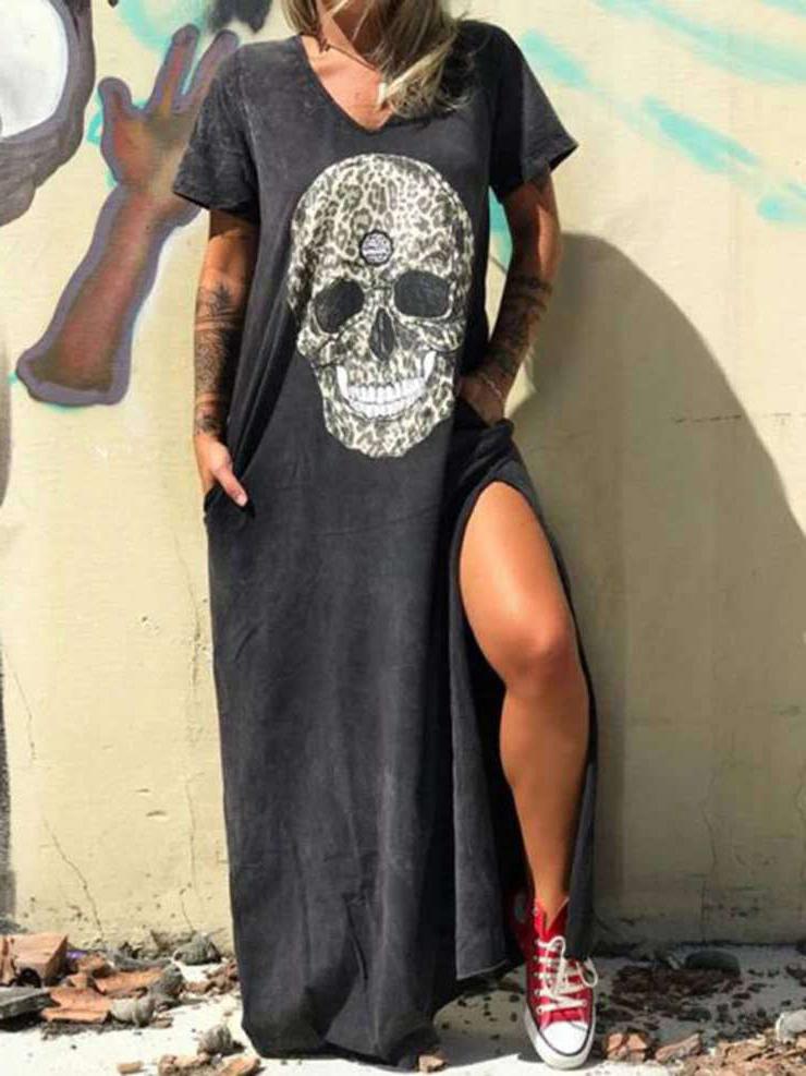 V neck Short sleeved Skull Print Slit T shirt Dress