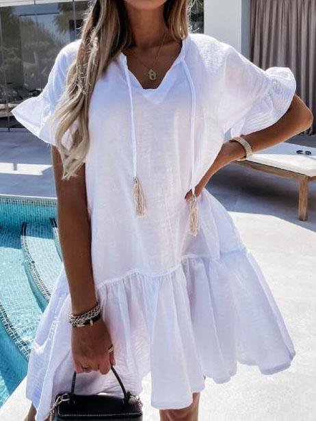 V neck Short sleeved Solid Color Short Dress