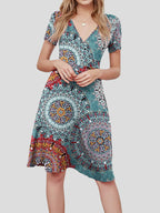 V neck Short sleeved Sun Flower Print Dress