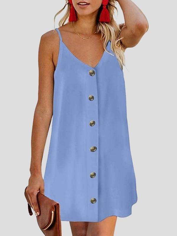 V neck Single breasted Sleeveless Suspender Dress