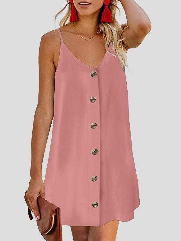 V neck Single breasted Sleeveless Suspender Dress