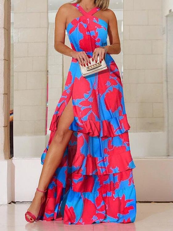 V neck Sleeveless Bohemian Dress With Slits