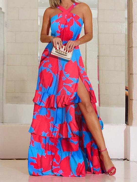 V neck Sleeveless Bohemian Dress With Slits