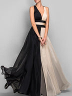V neck Sleeveless Color Block Dress