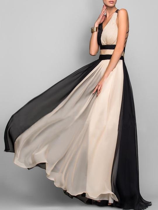 V neck Sleeveless Color Block Dress