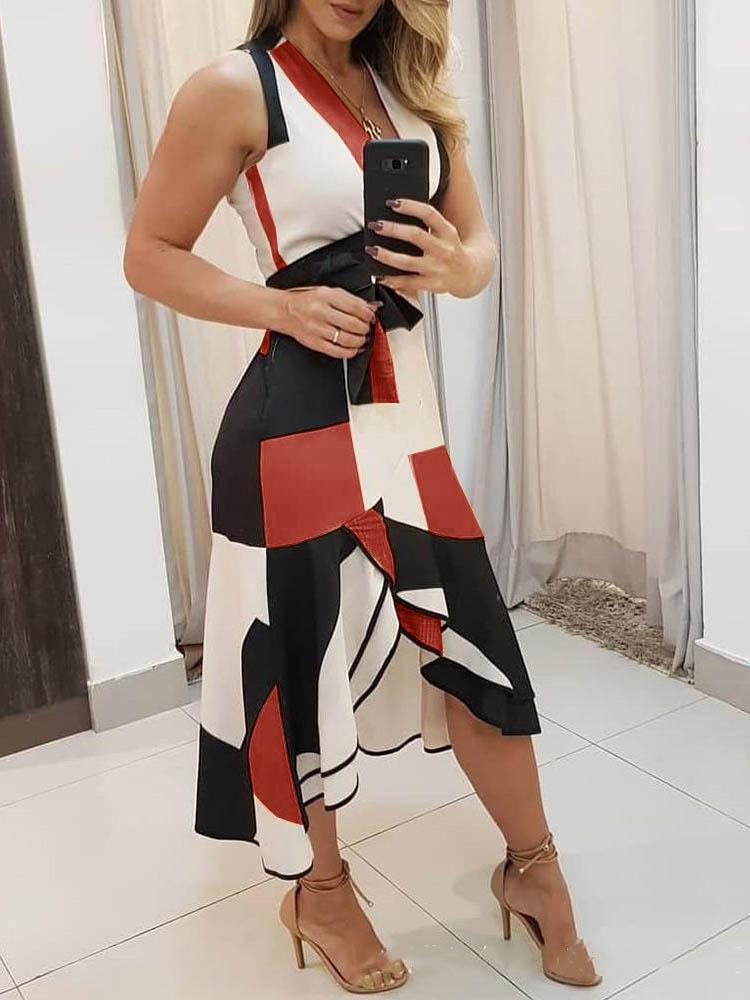V neck Sleeveless Contrast Print Ladies Dress