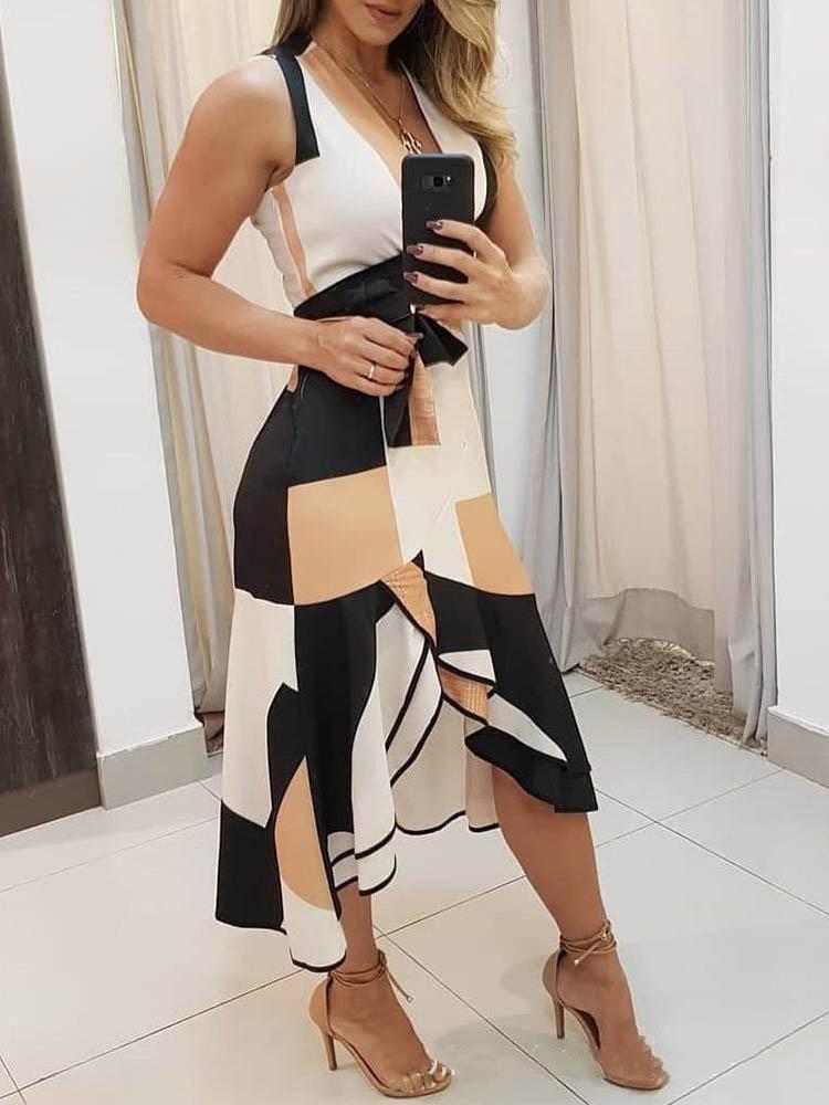 V neck Sleeveless Contrast Print Ladies Dress