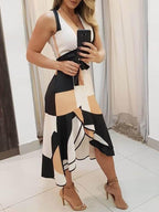 V neck Sleeveless Contrast Print Ladies Dress