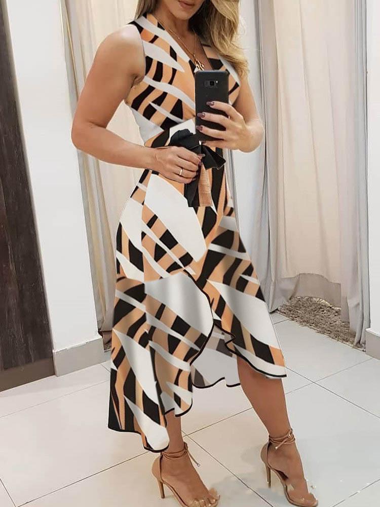 V neck Sleeveless Contrast Print Ladies Dress
