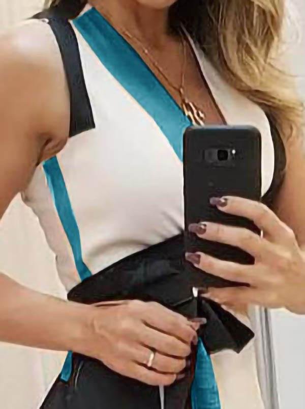 V neck Sleeveless Contrast Print Ladies Dress