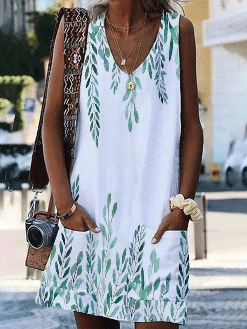 V Neck Sleeveless Leaf Print Pocket Loose Dress
