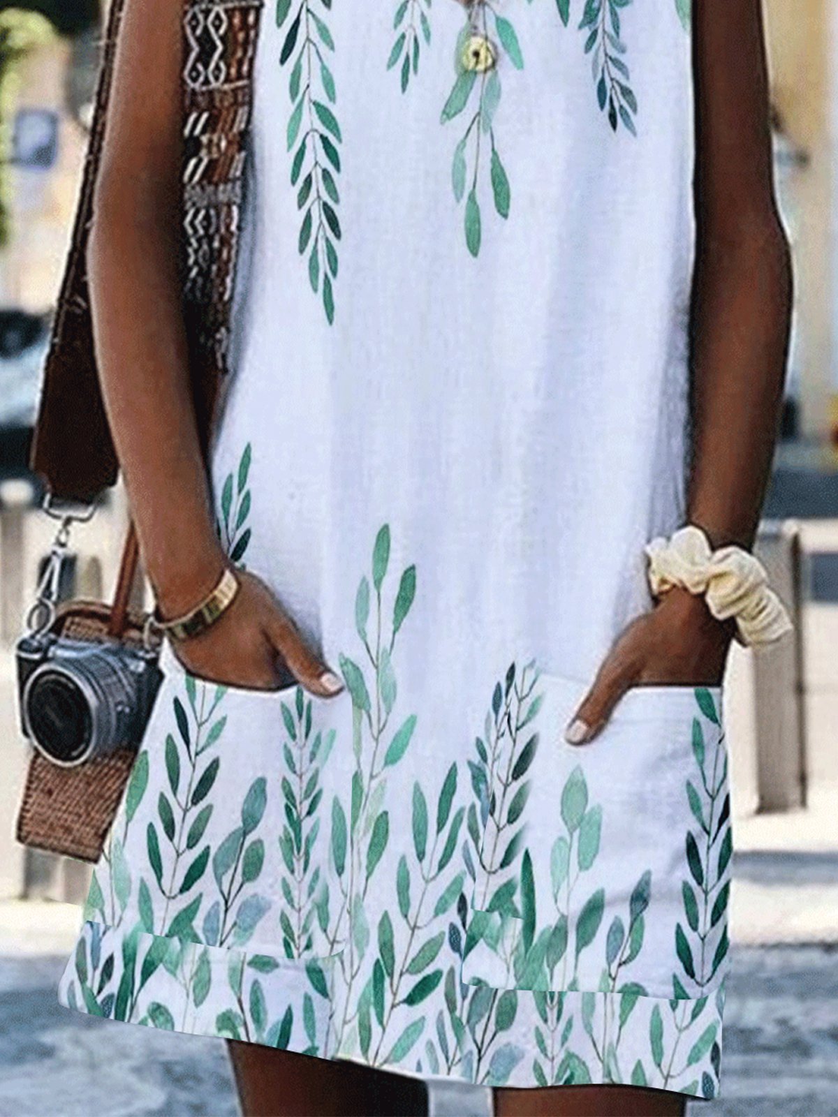 V Neck Sleeveless Leaf Print Pocket Loose Dress