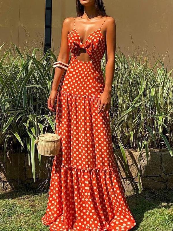 V neck Sleeveless Polka Dot Beach Dress