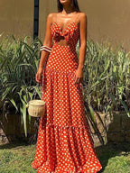 V neck Sleeveless Polka Dot Beach Dress