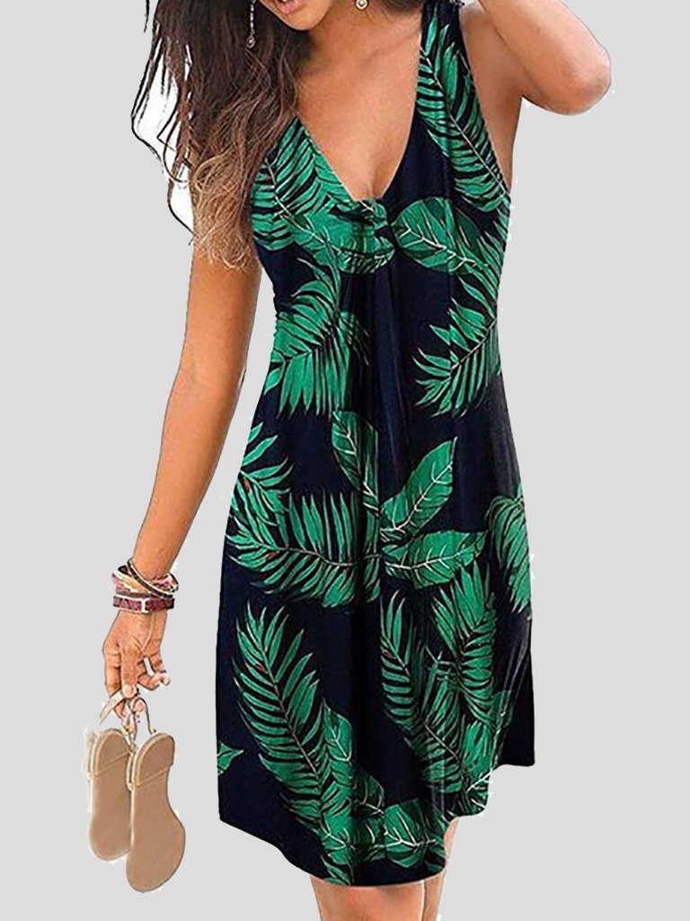 V neck Sleeveless Print Mini Dress