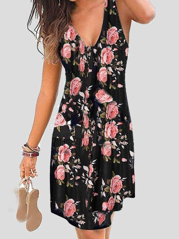 V neck Sleeveless Print Mini Dress