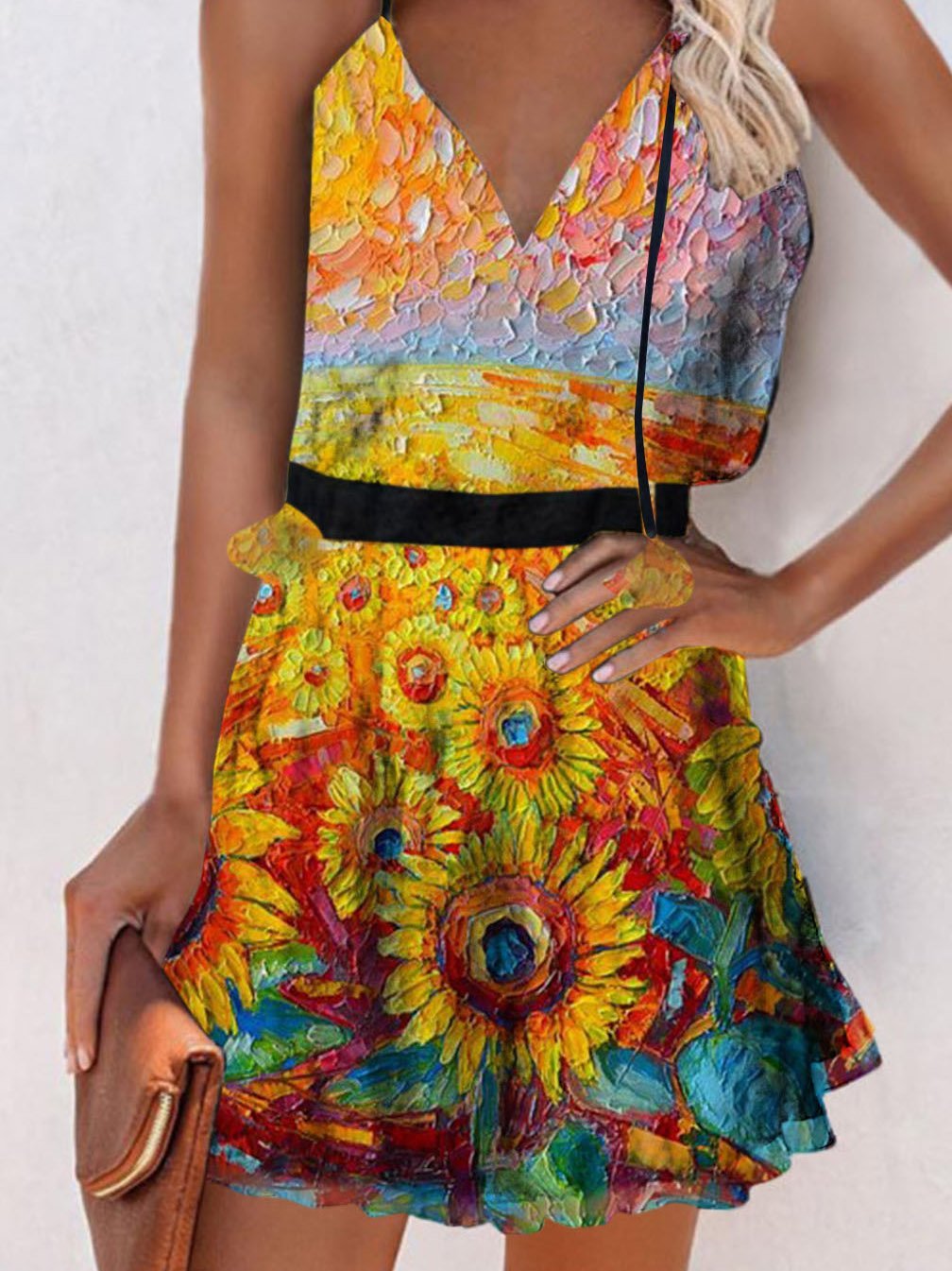 V Neck Sleeveless Print Suspender Dress