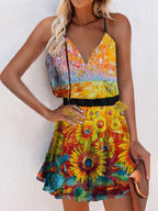 V Neck Sleeveless Print Suspender Dress