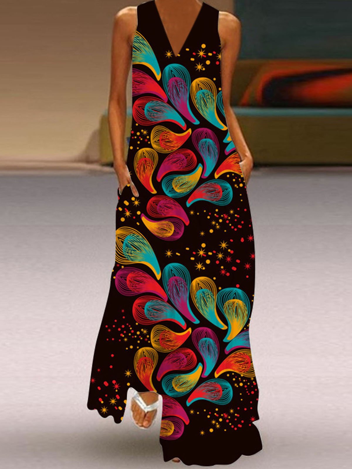 V Neck Sleeveless Printed Casual Dress