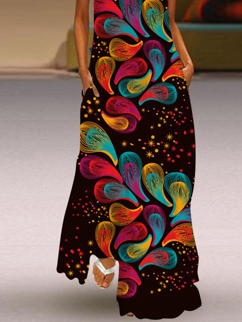 V Neck Sleeveless Printed Casual Dress