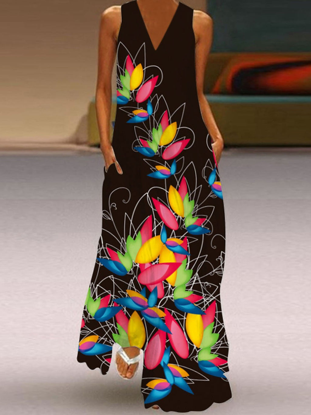 V Neck Sleeveless Printed Casual Dress