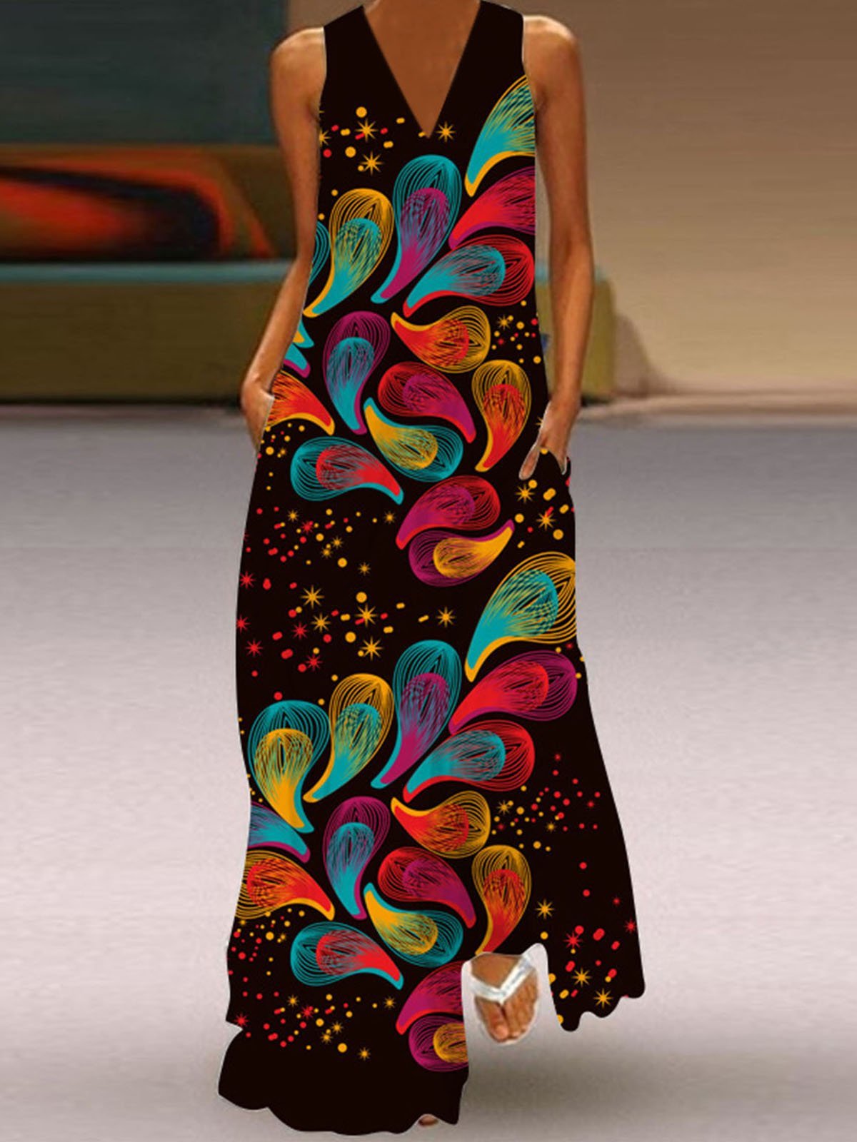 V Neck Sleeveless Printed Casual Dress