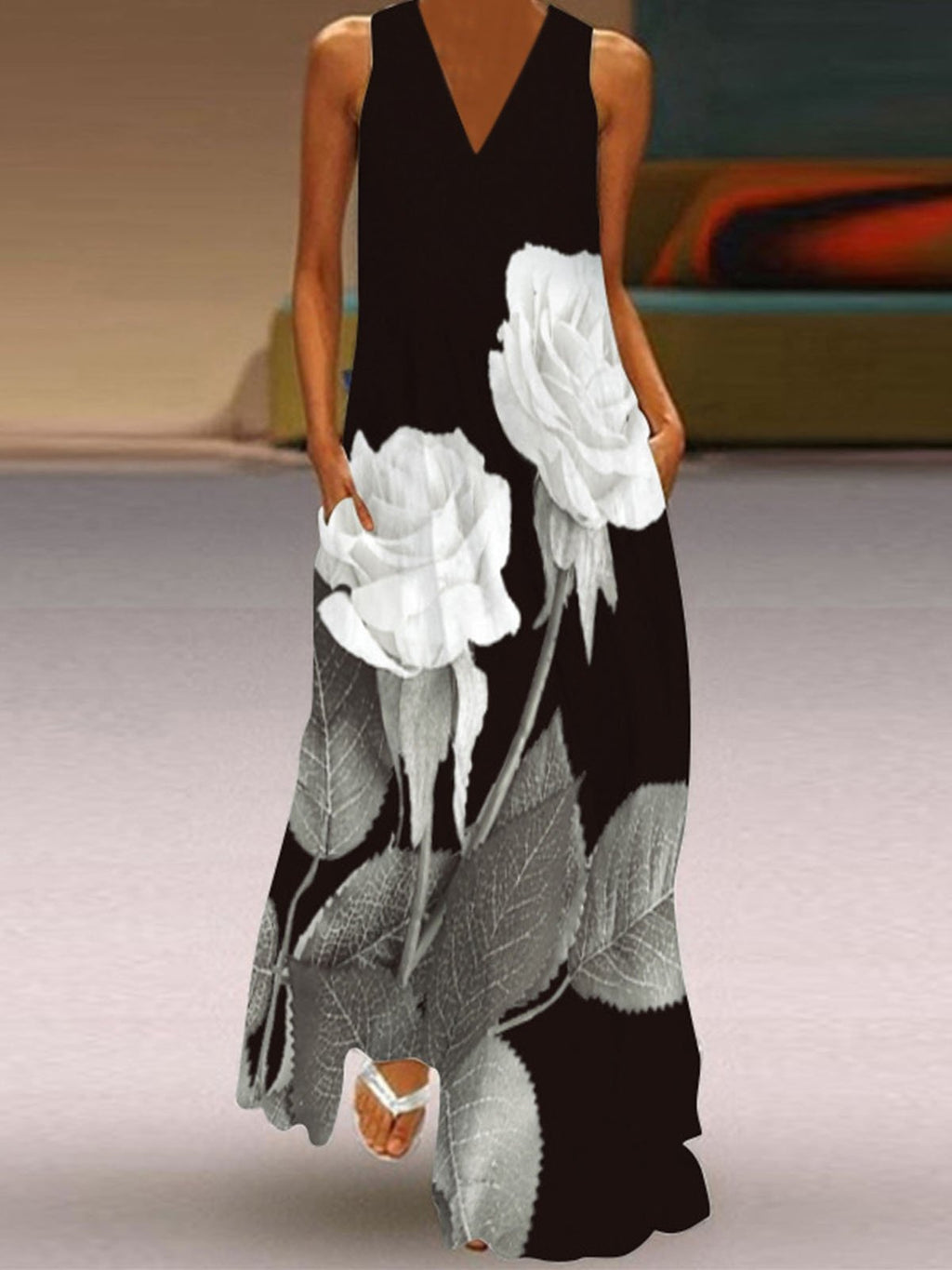V Neck Sleeveless Printed Casual Dress