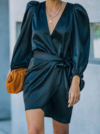 V Neck Slim Lantern Sleeve Mini Dress
