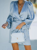 V Neck Slim Lantern Sleeve Mini Dress