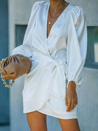 V Neck Slim Lantern Sleeve Mini Dress