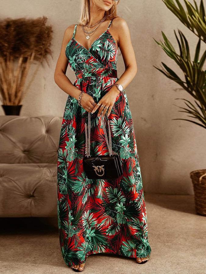 V neck Sling Floral Bohemian Beach Dress