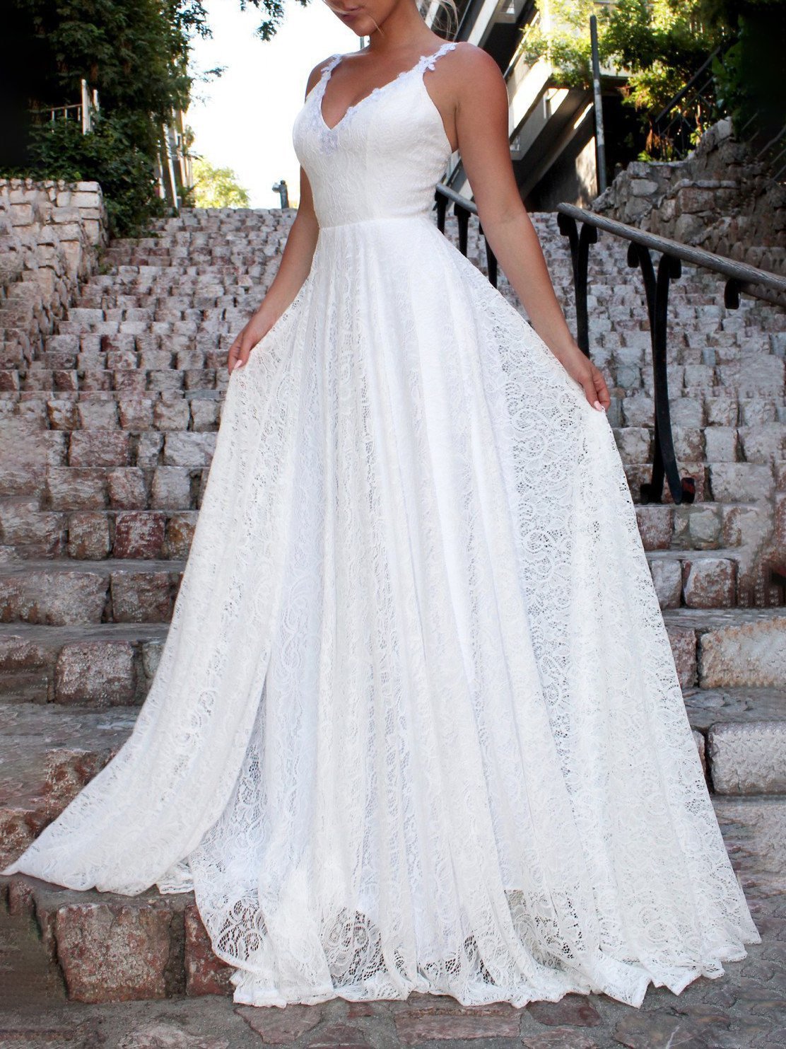 V neck Sling Lace Long Dress