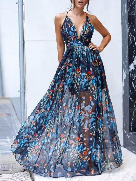 V neck Sling Print Dress