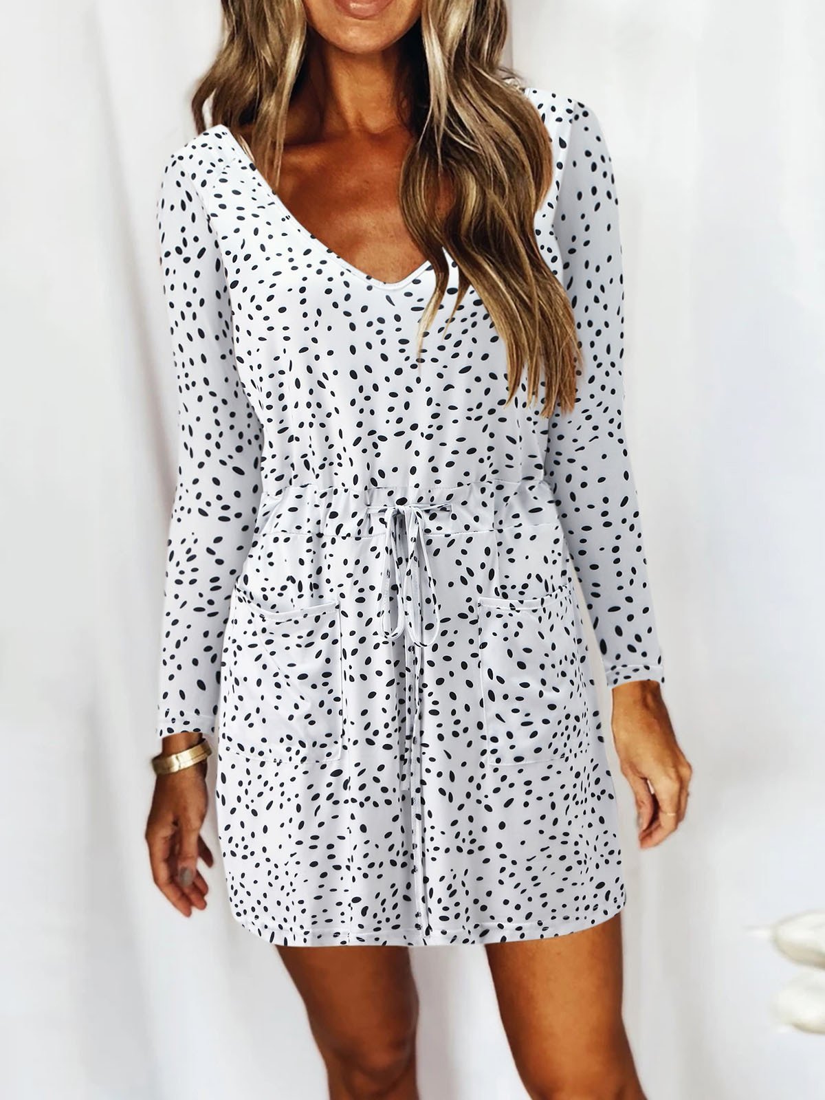 V Neck Slot Pocket Lace Up Long Sleeve Casual Dress