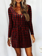 V Neck Slot Pocket Lace Up Long Sleeve Casual Dress