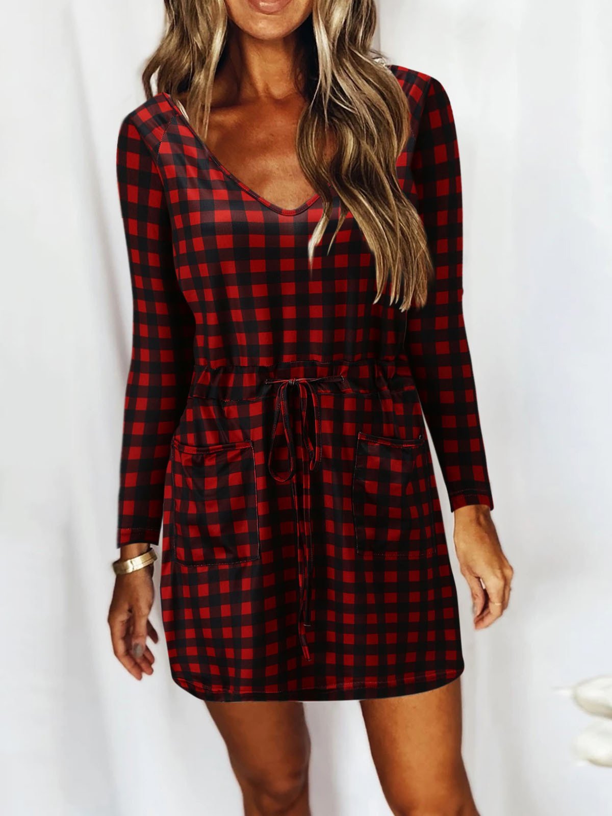 V Neck Slot Pocket Lace Up Long Sleeve Casual Dress