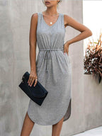 V neck Solid Color Irregular Waist Round Neck Vest Dress