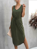 V neck Solid Color Irregular Waist Round Neck Vest Dress