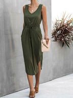 V neck Solid Color Irregular Waist Round Neck Vest Dress